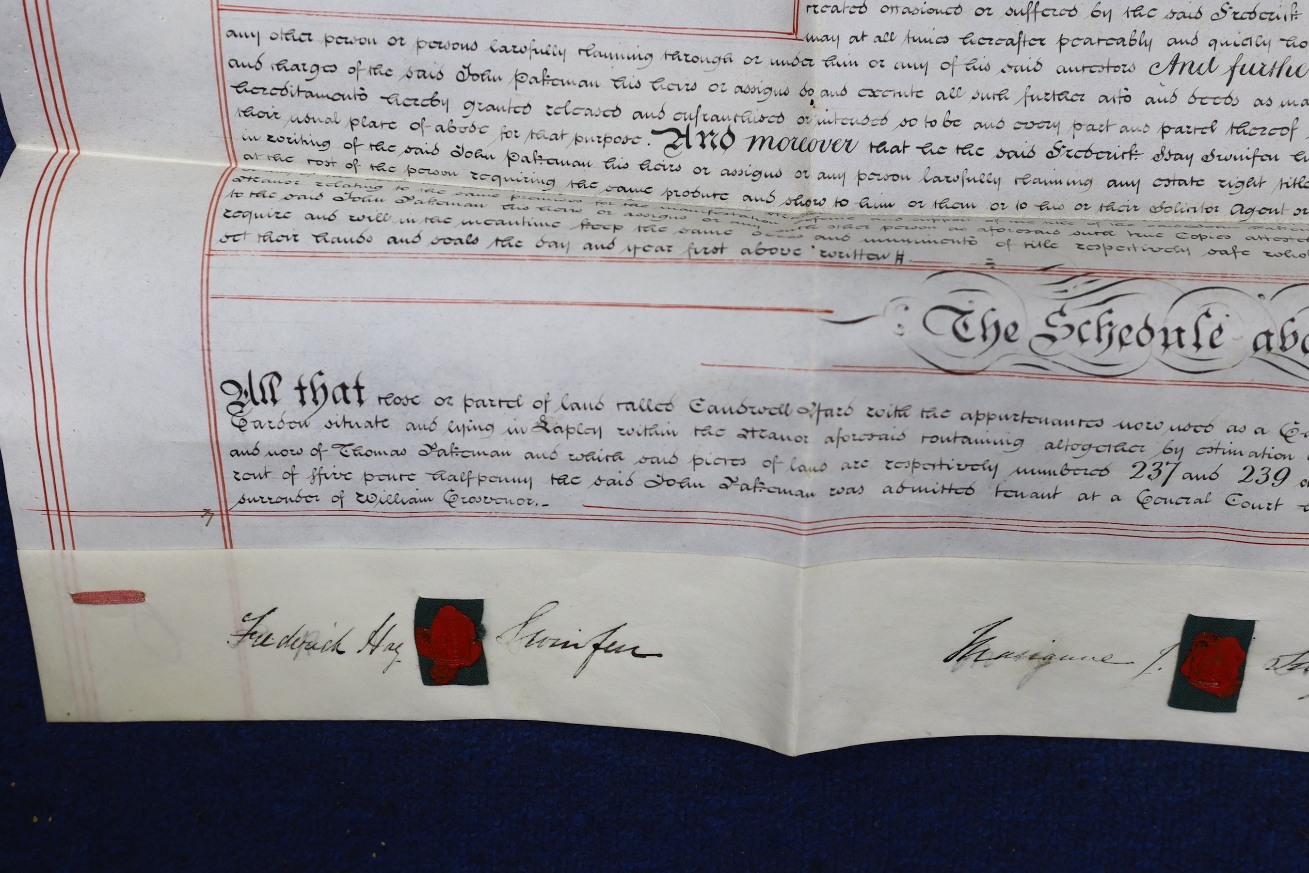 Three 19th legal documents on vellum:-The last will and testament of Thomas Osbourne, 4 leaves, dated 12th November, 1838, 65 x 72cms; Copy of a surrender of a lease, for land in the Manor of Lapley and Aston [Staffordsh